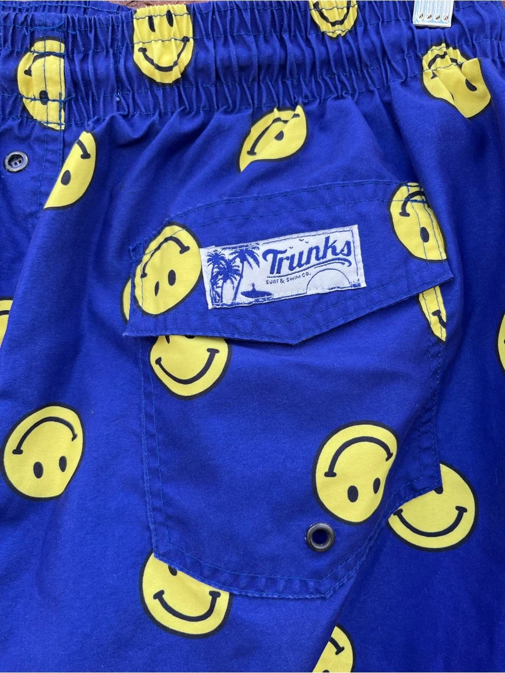 Navy Blue Men's Swim Trunks with Yellow Smiley Print
